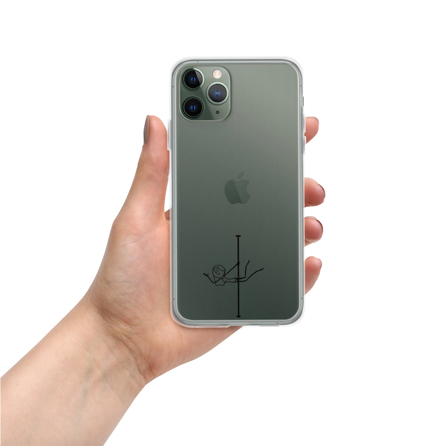 Transparent iPhone case with a stylish pole dance graphic, providing a minimalist look while protecting your phone with flair.