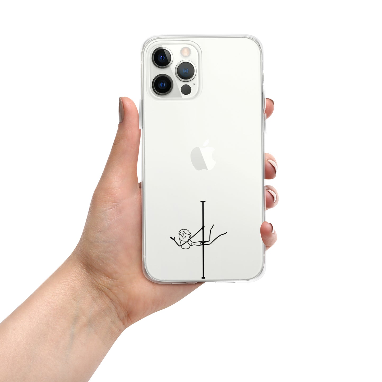 Transparent iPhone case with a stylish pole dance graphic, providing a minimalist look while protecting your phone with flair.