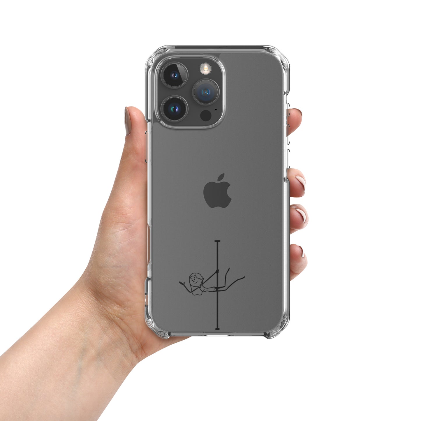 Transparent iPhone case with a stylish pole dance graphic, providing a minimalist look while protecting your phone with flair.
