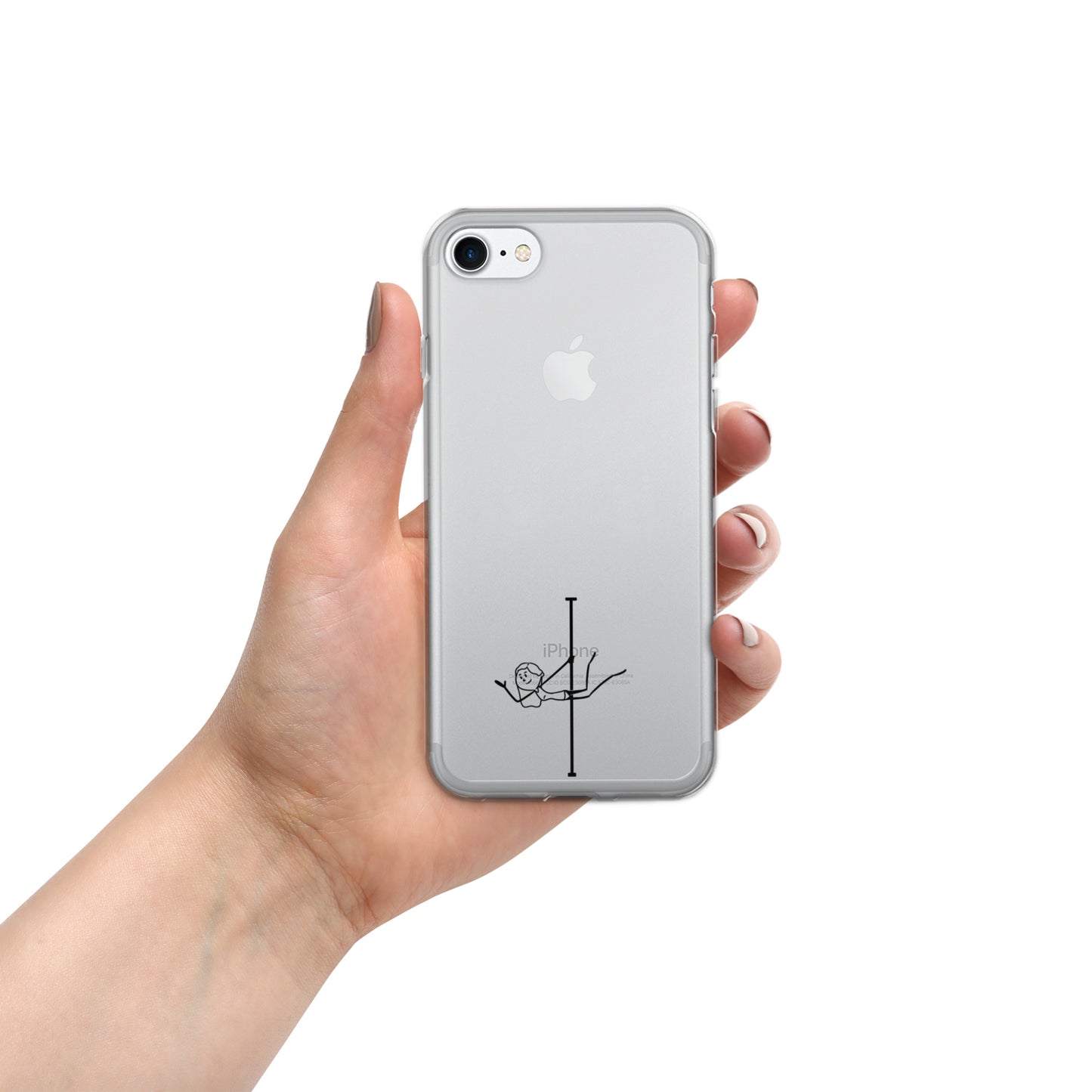 Transparent iPhone case with a stylish pole dance graphic, providing a minimalist look while protecting your phone with flair.