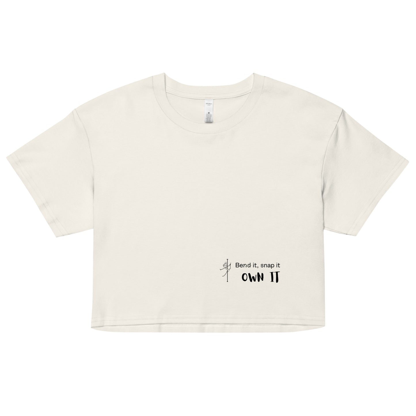 Women’s crop top with a bold pole dance graphic, offering a comfortable and stylish fit for pole dancers and fitness enthusiasts.