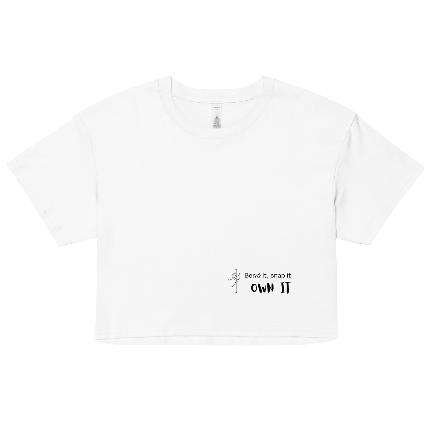 Women’s crop top with a bold pole dance graphic, offering a comfortable and stylish fit for pole dancers and fitness enthusiasts.