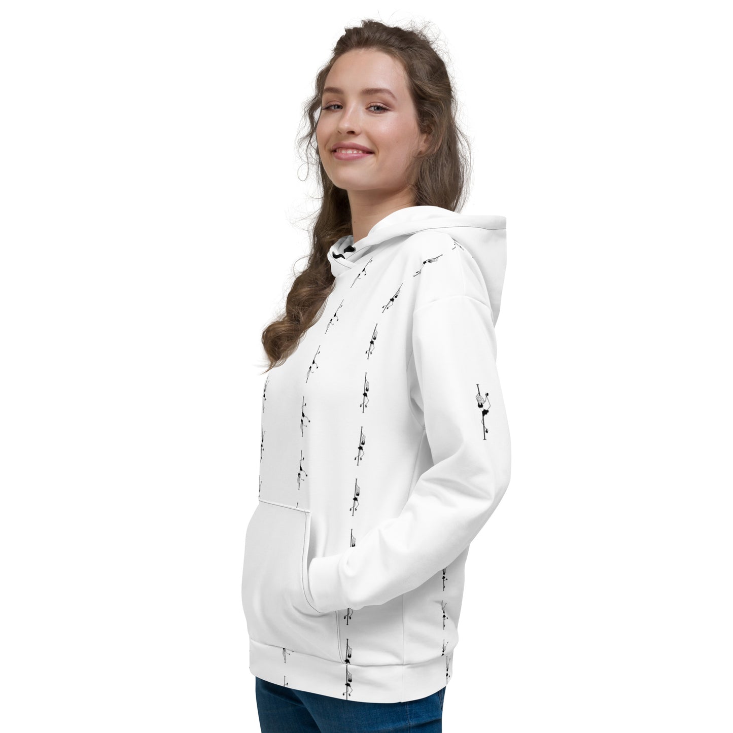Unisex hoodie featuring a pole dance graphic, designed for comfort and warmth, perfect for casual wear or after a pole dance session.