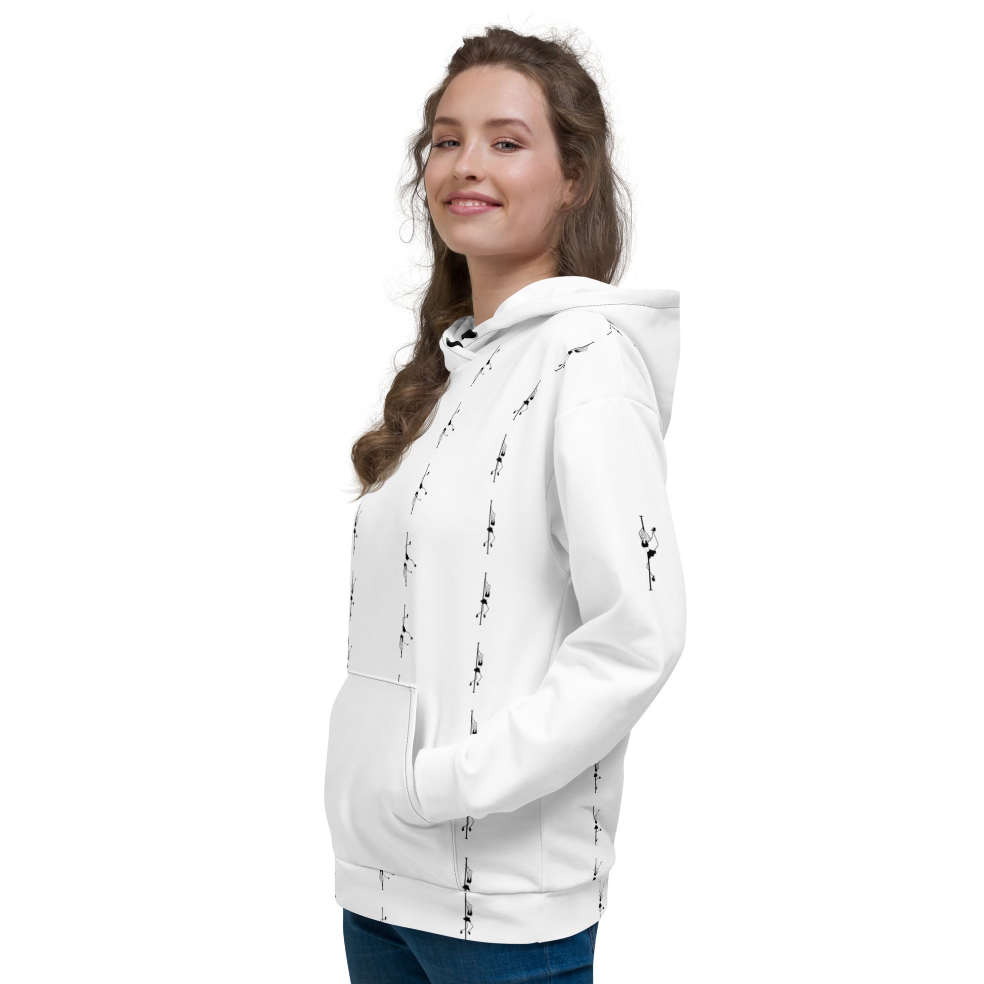 Unisex hoodie featuring a pole dance graphic, designed for comfort and warmth, perfect for casual wear or after a pole dance session.