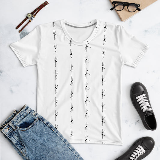Women’s t-shirt featuring a stylish pole dance graphic, offering a comfortable and casual fit for pole dancers and fitness enthusiasts.