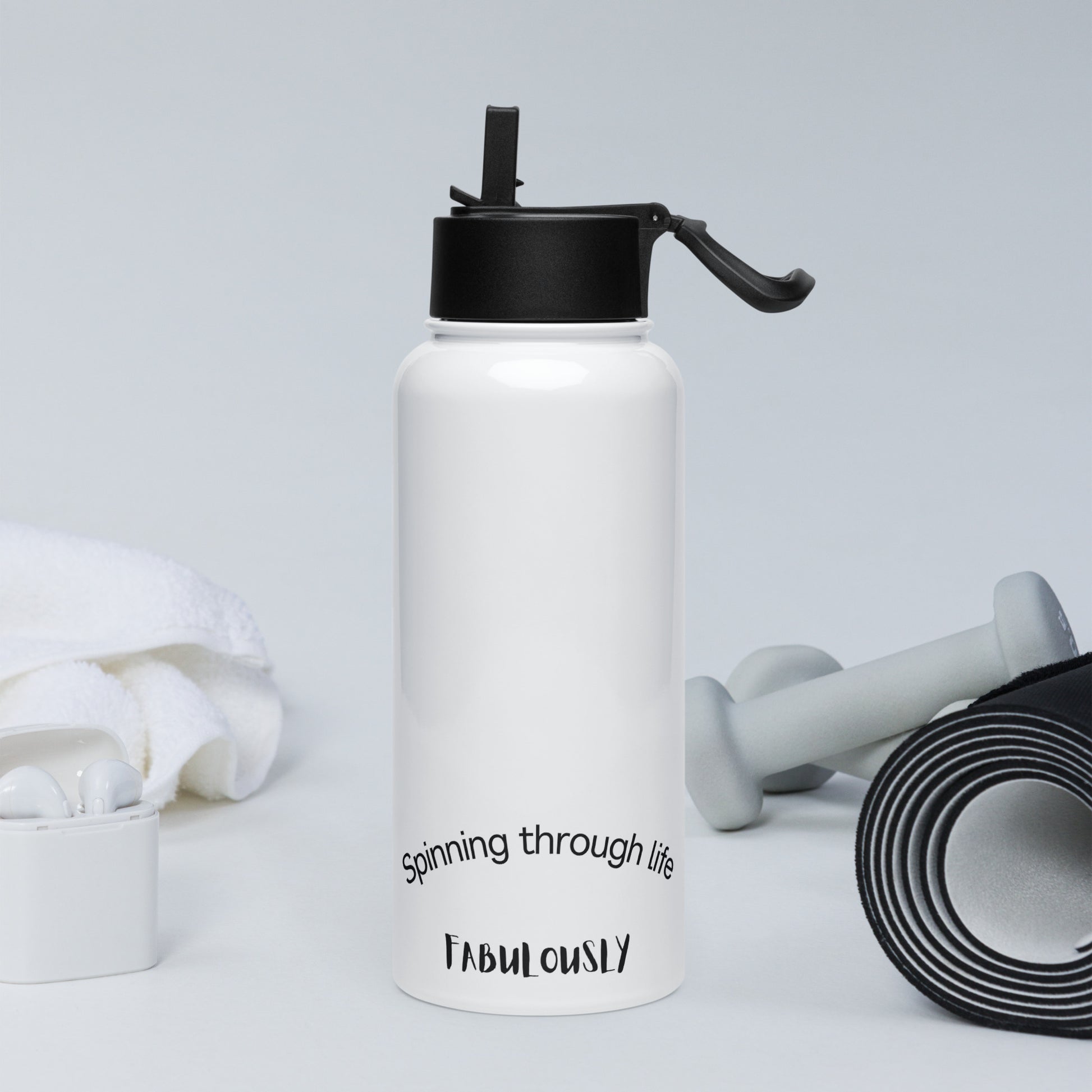 Pole dance themed stainless steel water bottle with convenient straw for easy sipping.