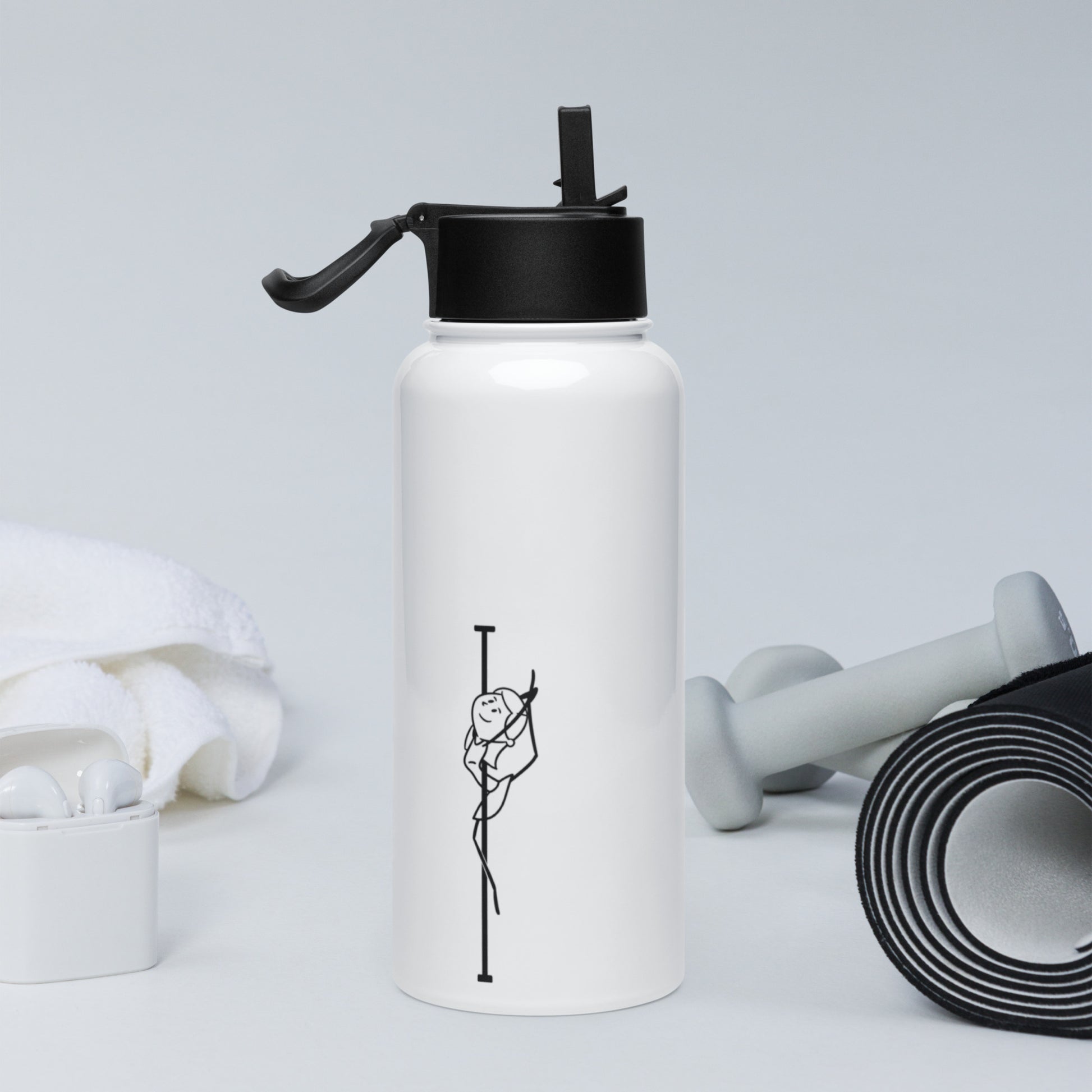 Pole dance themed stainless steel water bottle with convenient straw for easy sipping.