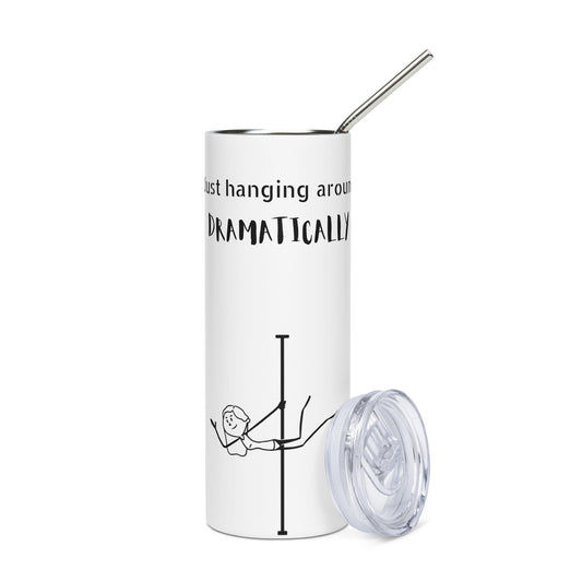 Stylish stainless steel pole dance tumbler with spill-resistant lid and bold print.