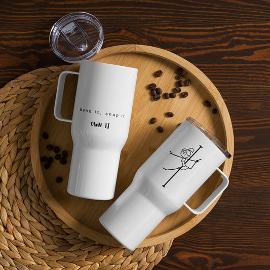 Pole dance travel mug with handle, insulated for hot or cold drinks on the go.