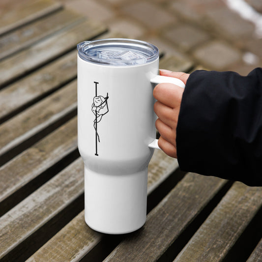 Durable pole dance travel mug featuring a sturdy handle and vibrant design.