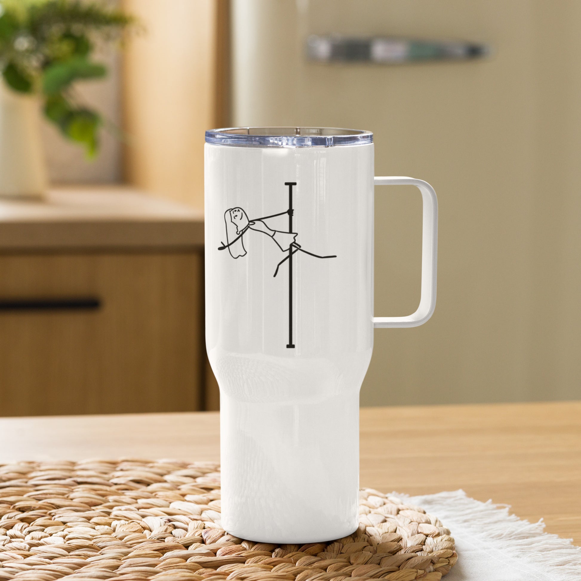 Pole dance themed travel mug with ergonomic handle and spill-resistant lid.