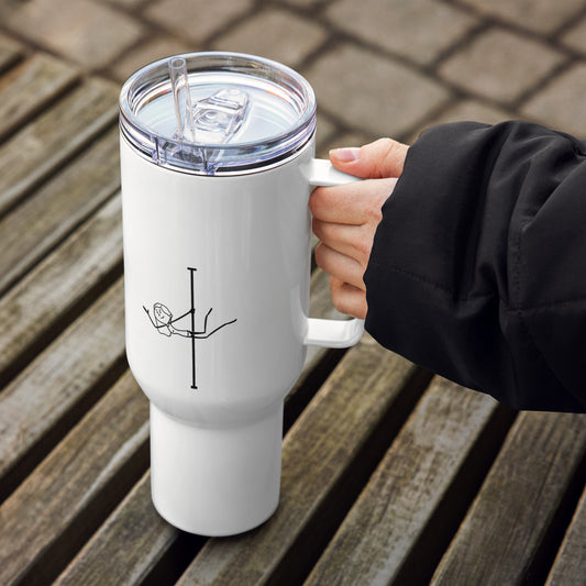 Insulated travel mug with handle and bold pole dance print, perfect for dancers on the move.