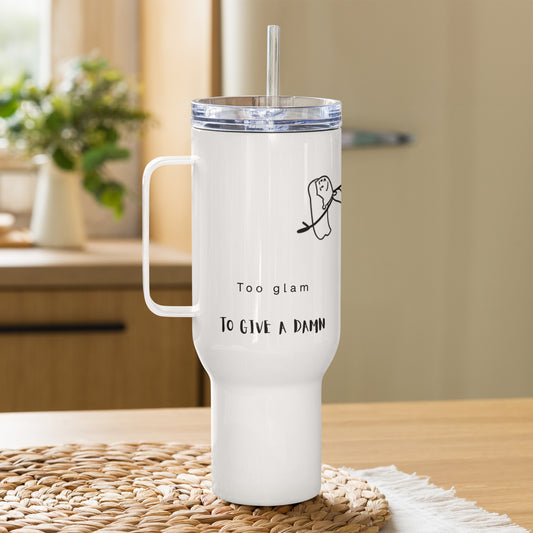 Pole dance themed travel mug with ergonomic handle and spill-resistant lid.