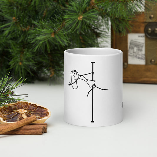 Stylish white glossy mug with pole dance artwork, perfect for studio vibes and cozy sips.